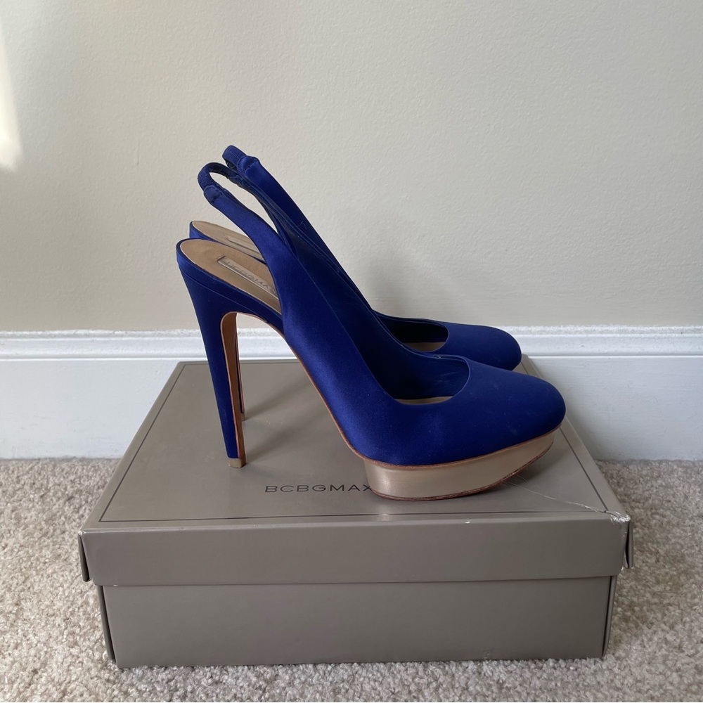 BCBGMAXAZRIA Fondley Satin Platform Slingback Heel in Ink Blue